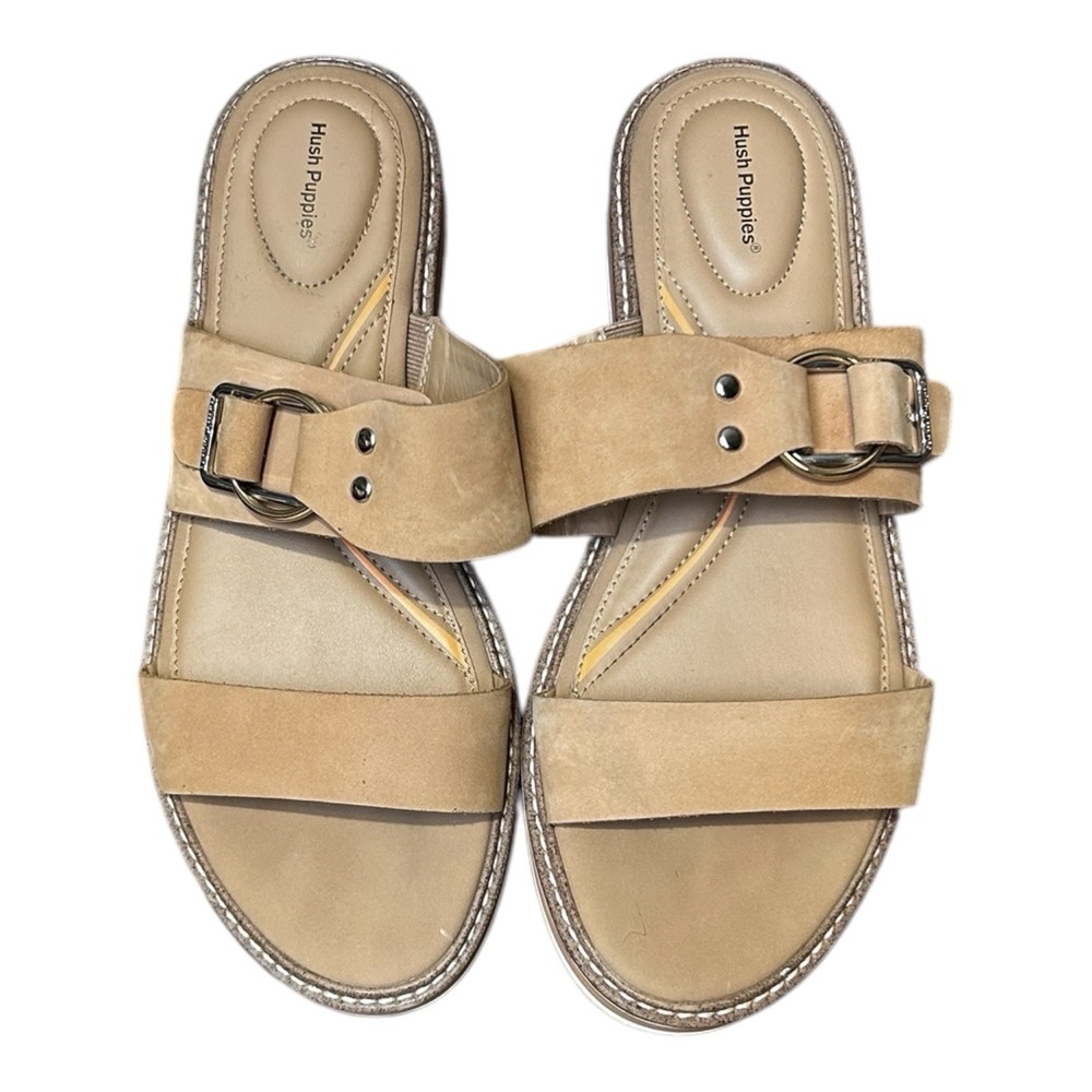 HUSH PUPPIES Tan Leather Sandal Slides sz 9.5M Flats Neutral Comfort Resortwear - Picture 5 of 9